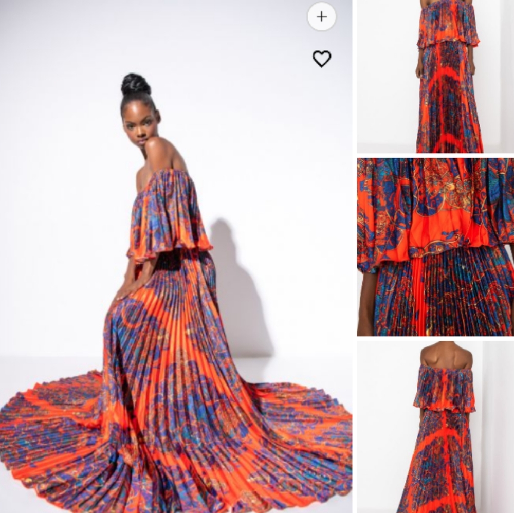 AKIRA Orange and Blue Off-Shoulder Pleated Maxi Dress